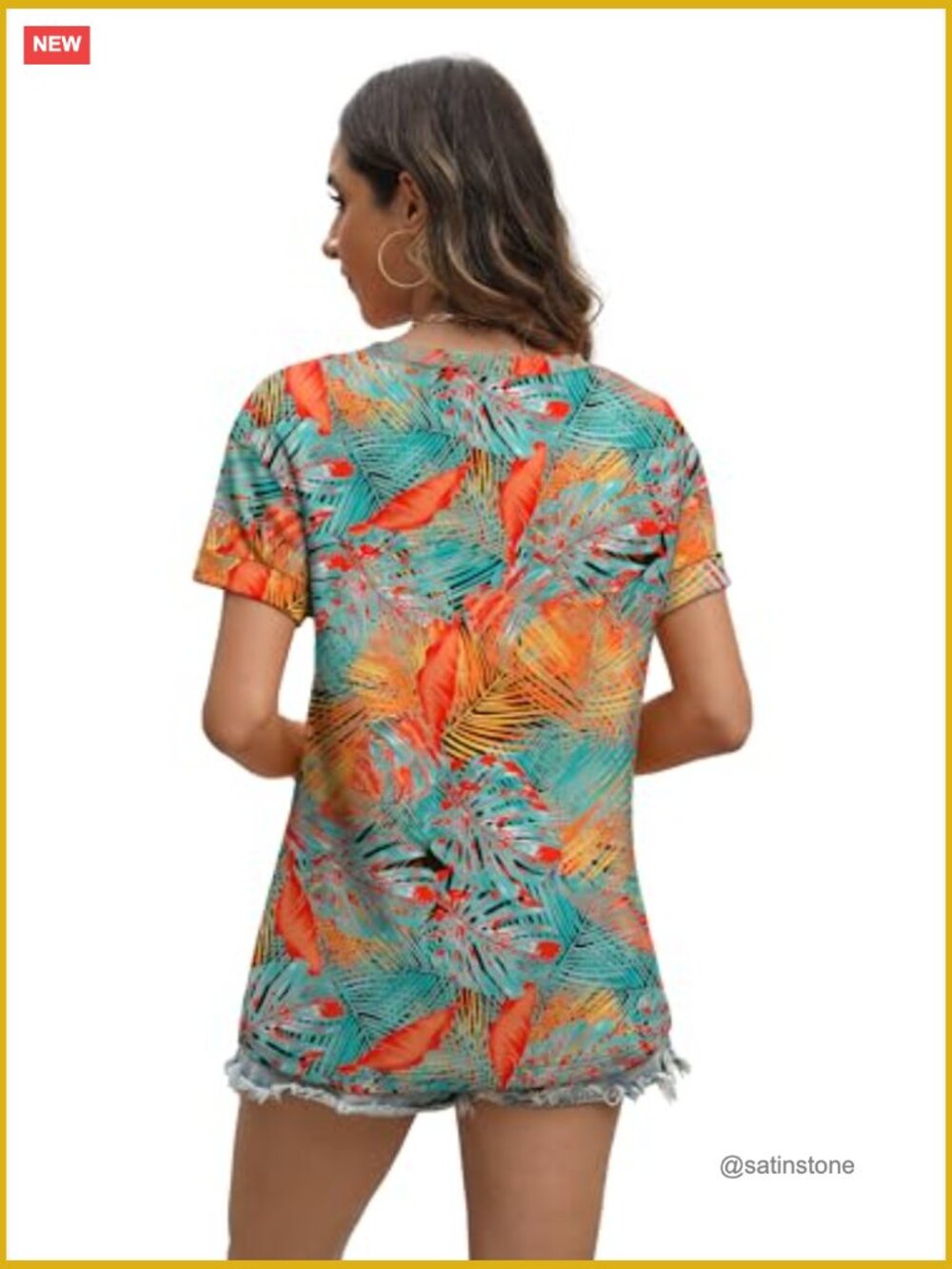 Women's V-Neck Short Sleeve T-Shirt Loose Fit Floral Blouse - Picture 4 of 6
